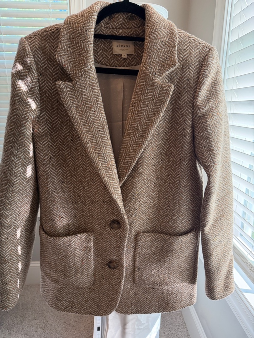 Sézane Jack Jacket Camel Herringbone Wool-Blend Blazer
